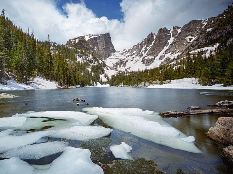 dream lake at rocky mountain national park in spring with ice in the lake